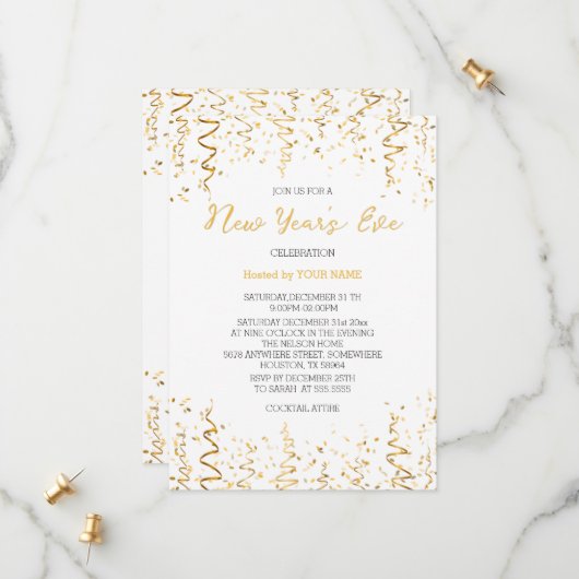 Gouden confetti Wit Elegante Nieuwjaarsuitnodiging Save The Date (Voorkant / Achterkant in situ)