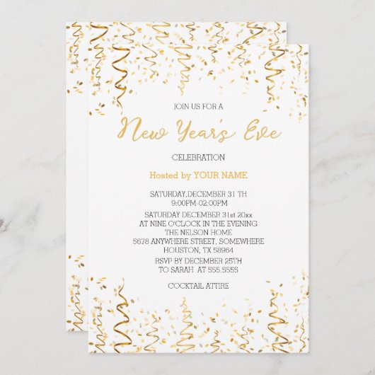 Gouden confetti Wit Elegante Nieuwjaarsuitnodiging Save The Date (Voorkant / Achterkant)