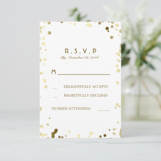 Gouden Confetti Witte Elegante Trouwen RSVP Kaarte (Staand voorkant)