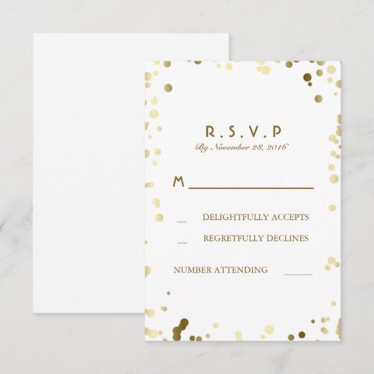 Gouden Confetti Witte Elegante Trouwen RSVP Kaarte (Voorkant / Achterkant)