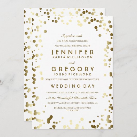 Gouden Confetti Witte Moderne en Elegante Huwelijk Kaart (Voorkant / Achterkant)