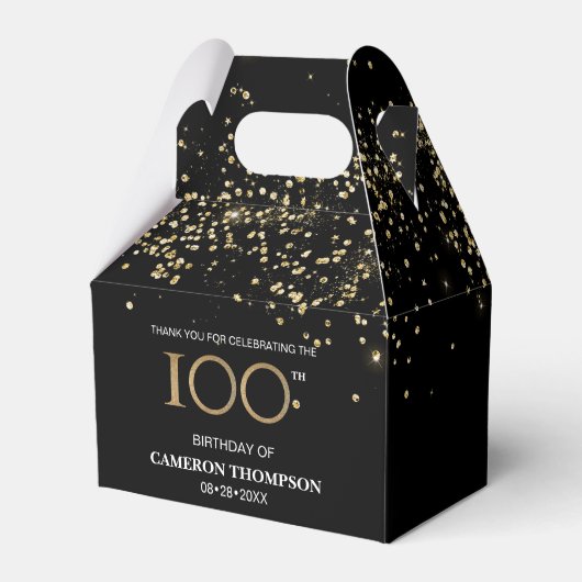Gouden Confetti Zwart 100e verjaardag Favor Box Bedankdoosjes (Achterkant)