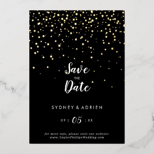 Gouden Confetti|Zwart Bewaar de datum echt goud Folie Uitnodiging (Voorkant)
