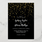 Gouden Confetti|Zwart Casual Bruiloft Echt Goud Folie Uitnodiging (Voorkant)