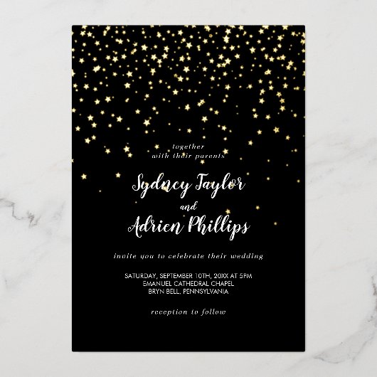 Gouden Confetti|Zwart Casual Bruiloft Echt Goud Folie Uitnodiging (Voorkant)