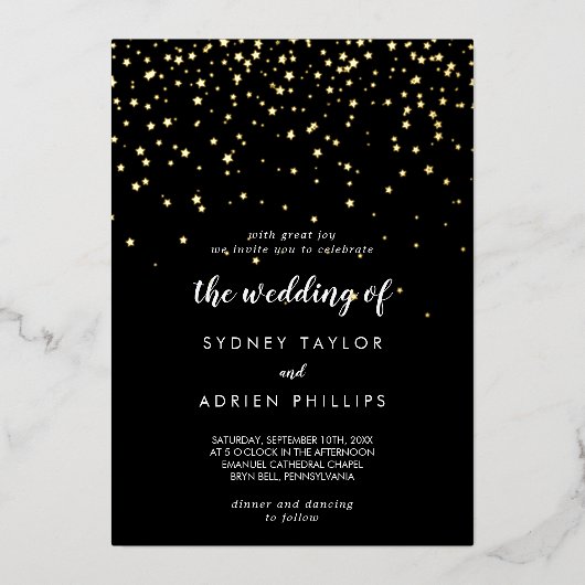 Gouden Confetti|Zwart De bruiloft van echt goud Folie Uitnodiging (Voorkant)