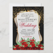 Gouden Confetti, zwart en rood Bloemen Huwelijk Kaart (Voorkant)