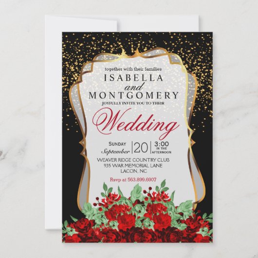 Gouden Confetti, zwart en rood Bloemen Huwelijk Kaart (Voorkant)