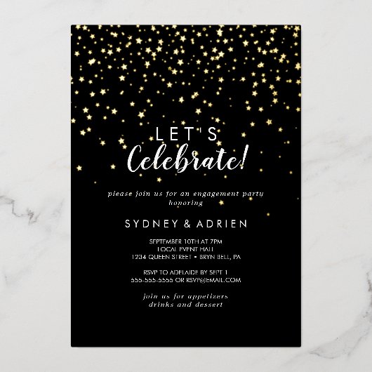 Gouden Confetti|Zwart Laten we echt goud vieren Folie Uitnodiging (Voorkant)