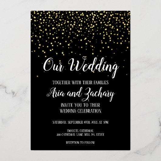 Gouden Confetti|Zwart Onze bruiloft Folie Uitnodiging (Voorkant)