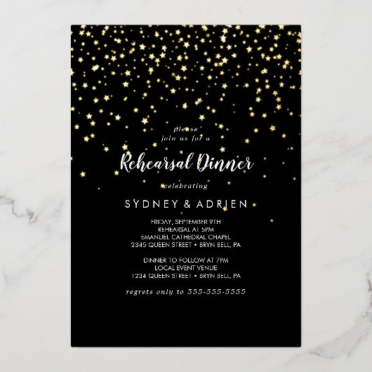 Gouden Confetti|Zwart Repetitie Diner Goud Folie Uitnodiging (Voorkant)