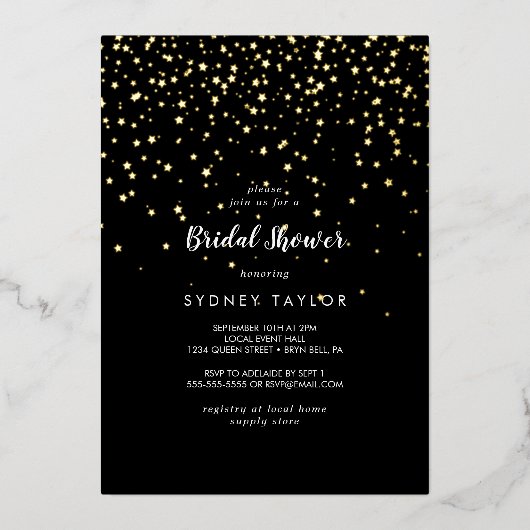 Gouden Confetti|Zwart Vrijgezellenfeest Goud Folie Uitnodiging (Voorkant)