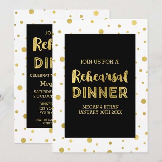 Gouden Confetti Zwart Wit Repetitie Dinner Party Kaart (Voorkant / Achterkant)