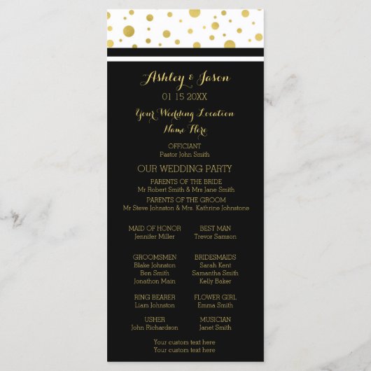 Gouden Confetti Zwart Wit Trouwprogramma Programmakaart (Achterkant)