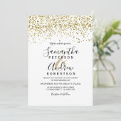Gouden confetti zwart wit typografie bruiloft kaart (Staand voorkant)