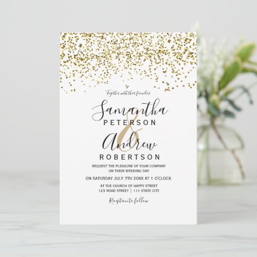Gouden confetti zwart wit typografie bruiloft kaart (Staand voorkant)