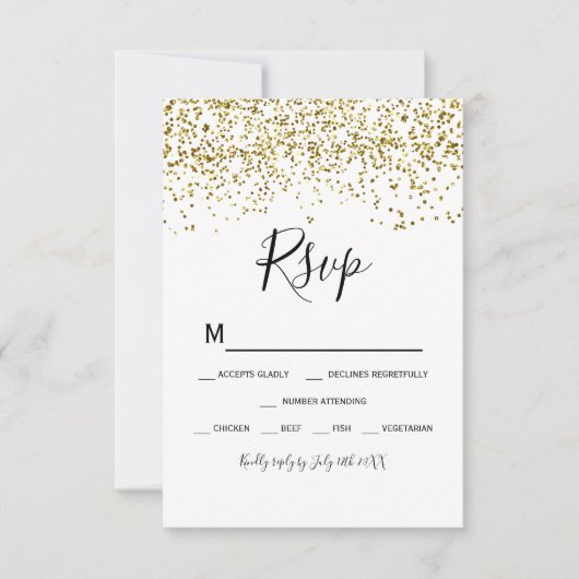 Gouden confetti zwart wit typografie rsvp kaartje (Voorkant)