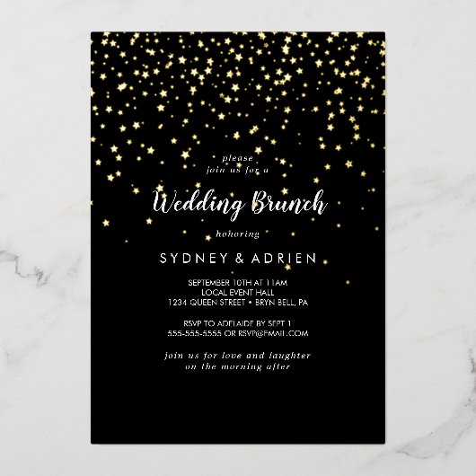 Gouden Confetti|Zwarte bruiloft brunch Folie Uitnodiging (Voorkant)