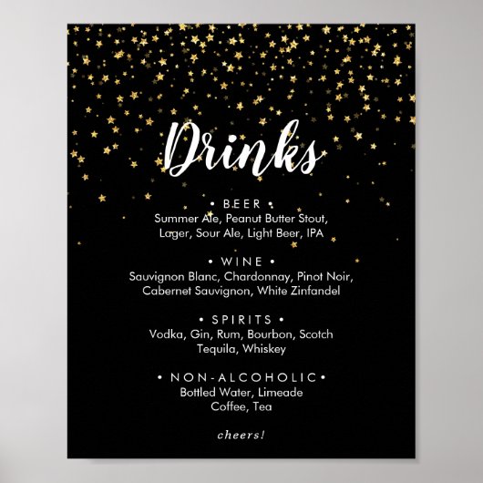 Gouden confetti | Zwarte huwelijksdranken Menu Bor Poster (Voorkant)
