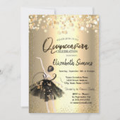 Gouden Confetti, Zwarte Jurk Ballerina Quinceañera Kaart (Voorkant)