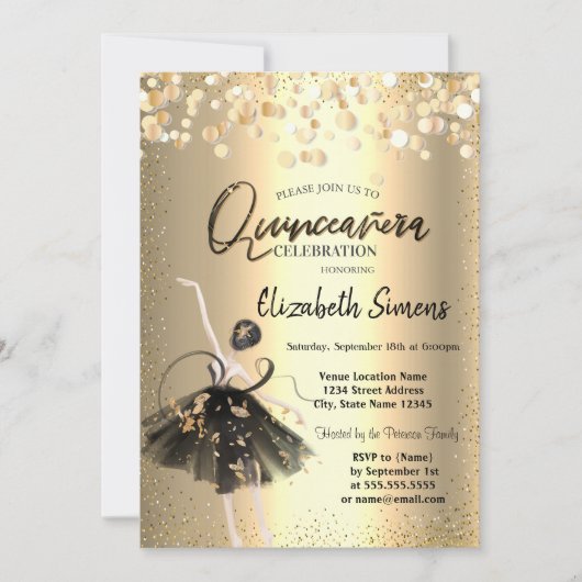 Gouden Confetti, Zwarte Jurk Ballerina Quinceañera Kaart (Voorkant)
