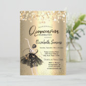 Gouden Confetti, Zwarte Jurk Ballerina Quinceañera Kaart (Staand voorkant)