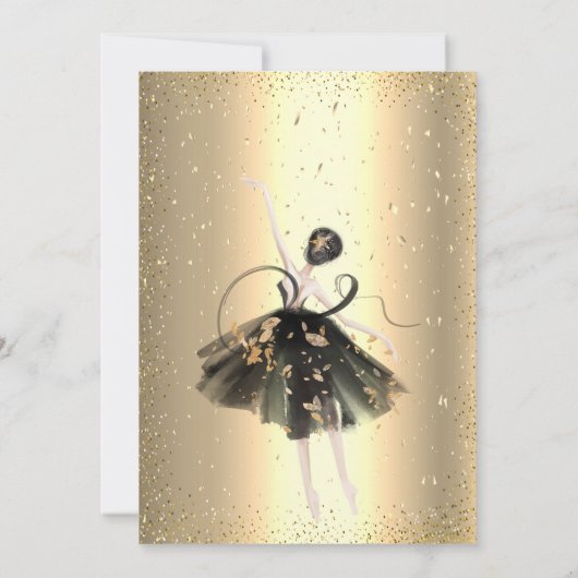Gouden Confetti, Zwarte Jurk Ballerina Quinceañera Kaart (Achterkant)