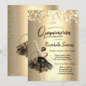 Gouden Confetti, Zwarte Jurk Ballerina Quinceañera Kaart (Voorkant / Achterkant)