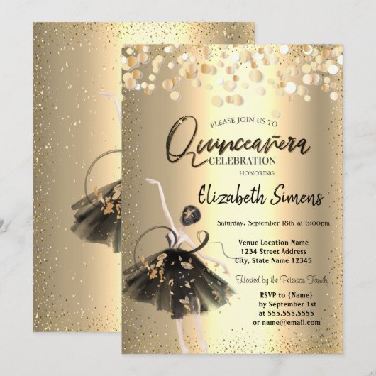 Gouden Confetti, Zwarte Jurk Ballerina Quinceañera Kaart (Voorkant / Achterkant)