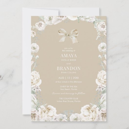 Gouden Coquette Bow Bloemen Huwelijksuitnodiging Kaart (Voorkant)