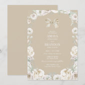 Gouden Coquette Bow Bloemen Huwelijksuitnodiging Kaart (Voorkant / Achterkant)