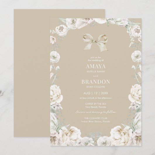 Gouden Coquette Bow Bloemen Huwelijksuitnodiging Kaart (Voorkant / Achterkant)