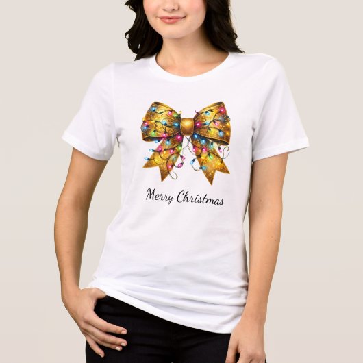 Gouden Coquette Kerstverlichting Strik Tri-Blend Shirt (Voorkant)