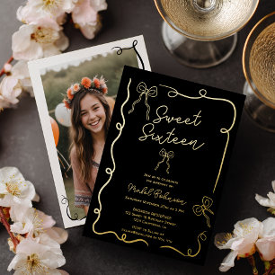 Gouden Coquette linten illustraties Sweet 16 Folie Uitnodiging