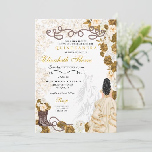 Gouden Cowgirl Charro Western Quinceañera Kaart (Staand voorkant)