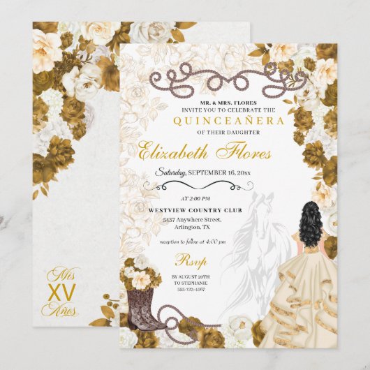 Gouden Cowgirl Charro Western Quinceañera Kaart (Voorkant / Achterkant)