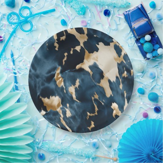 Gouden Crème Blauwe Koeienhuid Papieren Bordje (Feest)