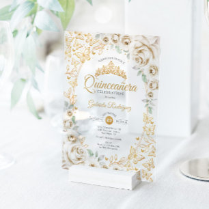 Gouden Crème Bloemige Quinceanera Acryl Uitnodigingen