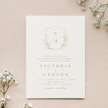 Gouden crème eenvoudige botanische kuif monogram b kaart<br><div class="desc">Minimalistisch faux goud en beige trouwuitnodiging, met uw monogrammed initialen die door elegante krest en met de hand geïllustreerde botanische bladeren bovenaan worden omgeven, uw gebeurtenisdetails worden hieronder getoond in modern script en klassiek lettertype. Eenvoudig en luxe. Geweldig voor een moderne klassieke bruiloft, gewoon formeel huwelijk, elegante botanische tuinbruiloft. Bekijk...</div>