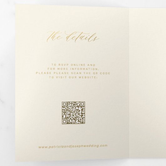 Gouden crème foto bruiloft RSVP details QR code Drieluik Uitnodiging (Binnenzijde eerst)