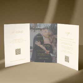 Gouden crème foto bruiloft RSVP details QR code Drieluik Uitnodiging