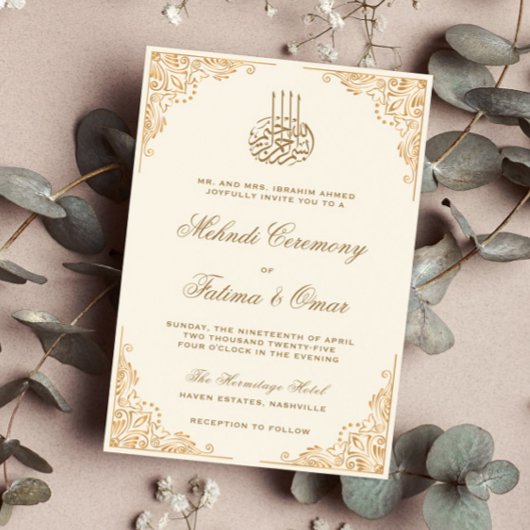 Gouden  Crème Islamitische Moslim Mehndi Ceremonie Kaart