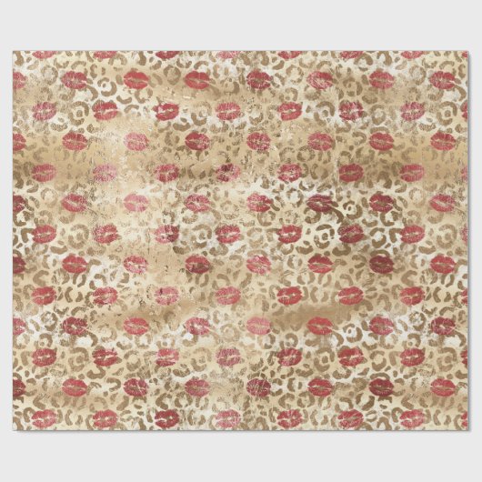 Gouden Crème Leopard Rode Lippen Cadeaupapier (Vlak)