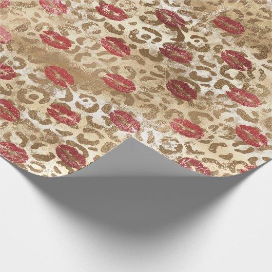 Gouden Crème Leopard Rode Lippen Cadeaupapier (Hoek)