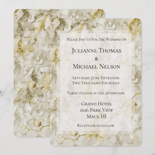 Gouden Crème Orchidee Bloemen Romantische Huwelijk Kaart (Voorkant / Achterkant)