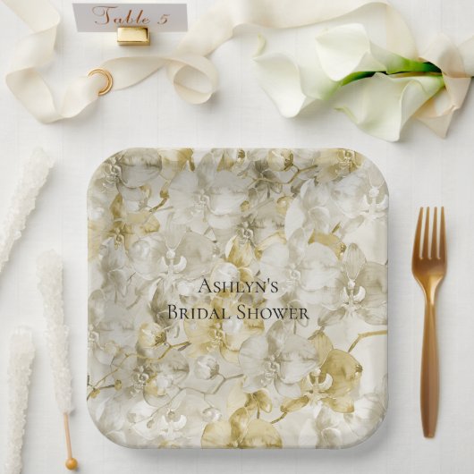 Gouden Crème Orchideeën Bloemen Bruidsdouche Papieren Bordje (Huwelijk)