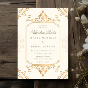 Gouden Crème Ornament Vintage Nuestra Boda Trouwen Kaart