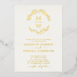 Gouden Crèmekleurige Monogram Krans Bruiloft Folie Uitnodiging