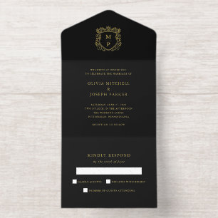 Gouden Crest Zwarte Elegante Trouw Goud Folie All In One Uitnodiging