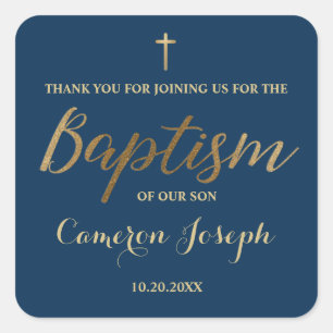 Gouden Cross Custom Baby Boy Doop Navy Blauw Vierkante Sticker